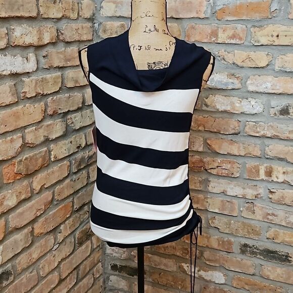 NWT Esprit black & white stripe gatheted side top size Medium - Picture 5 of 13